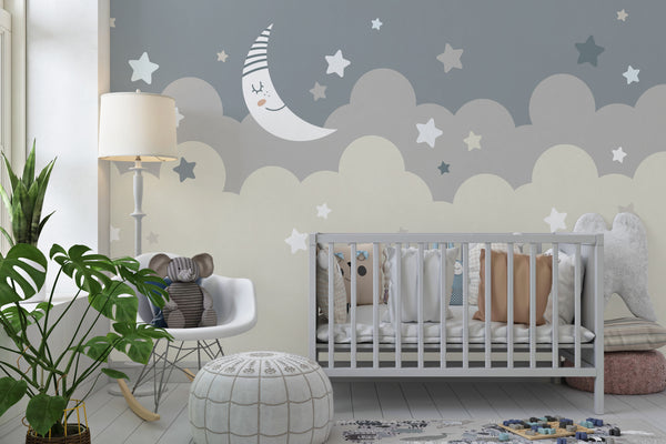 Childrens Wallpaper Murals for Bedroom, Moon and Stars Wallpaper for Kids, Non Woven, Grey Clouds, Nursery Wallpaper, Baby Room Decor