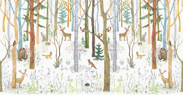 Nursery Wall Mural, Watercolor Forest Nursery Wallpaper, Woodland Animals Mural For Kids, Non Woven, Handpainted Forest, Kids Room