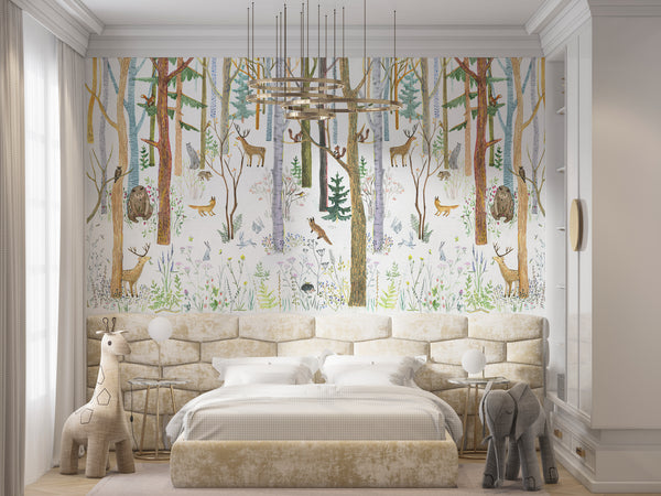 Nursery Wall Mural, Watercolor Forest Nursery Wallpaper, Woodland Animals Mural For Kids, Non Woven, Handpainted Forest, Kids Room