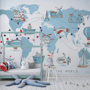 Nursery Room Mural | Blue Kids World Map Wallpaper Mural