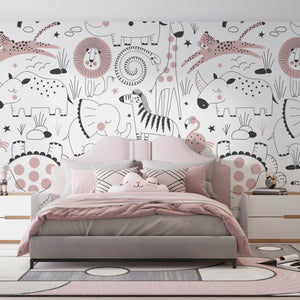 Childrens Wallpaper Murals for Bedroom | Pink Animals Wallpaper Mural