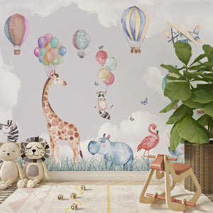 Nursery Room Mural | Watercolor Safari Animals Wallpaper