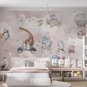 Nursery Wall Mural | Cycling Riding Animals Wall Mural for Kids