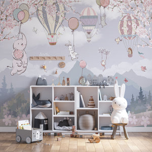 Childrens Wallpaper Murals for Bedroom | Hot Air Balloons with Cute Animals Wallpaper for Kids