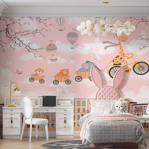 Nursery Room Mural | Cycle Travel Wallpaper Hot Air Balloon Kids Wallpaper