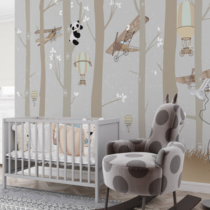 Childrens Wallpaper Murals for Bedroom | Cute Panda Bear and Airplanes Wallpaper for Kids