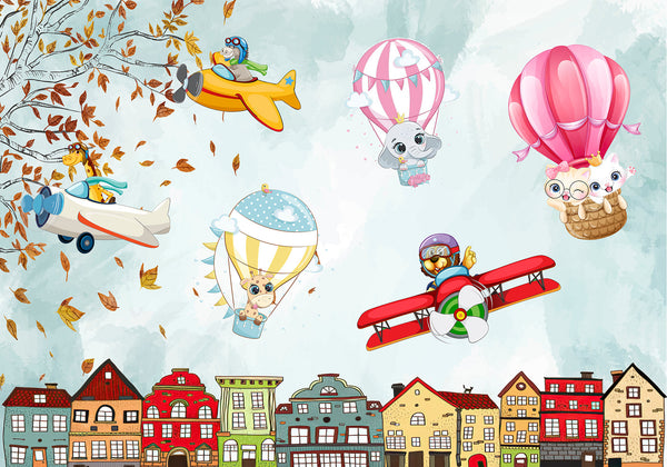 Nursery Wall Mural, Hor Air Balloons and Animals Wallpaper Nursery, Colorful Planes Wallpaper for Boys, Cute Flying Animals Kids Wallpaper, Plane in Sky Wall Mural