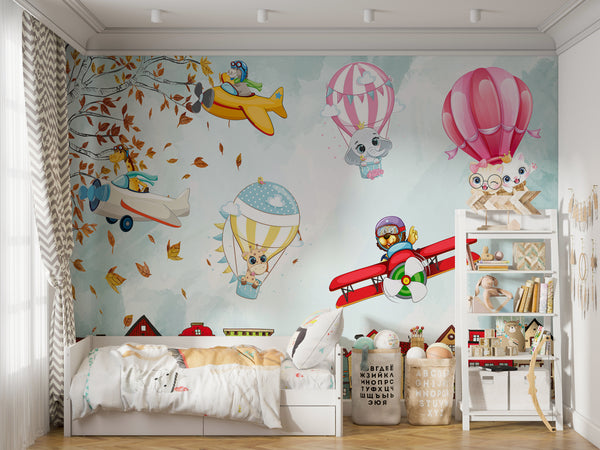 Nursery Wall Mural | Hor Air Balloons and Animals Wallpaper Nursery