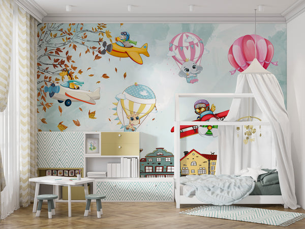 Nursery Wall Mural, Hor Air Balloons and Animals Wallpaper Nursery, Colorful Planes Wallpaper for Boys, Cute Flying Animals Kids Wallpaper, Plane in Sky Wall Mural