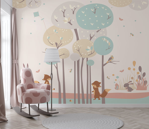 Childrens Wallpaper Murals for Bedroom | Cute Fox Animals Wallpaper For Kids