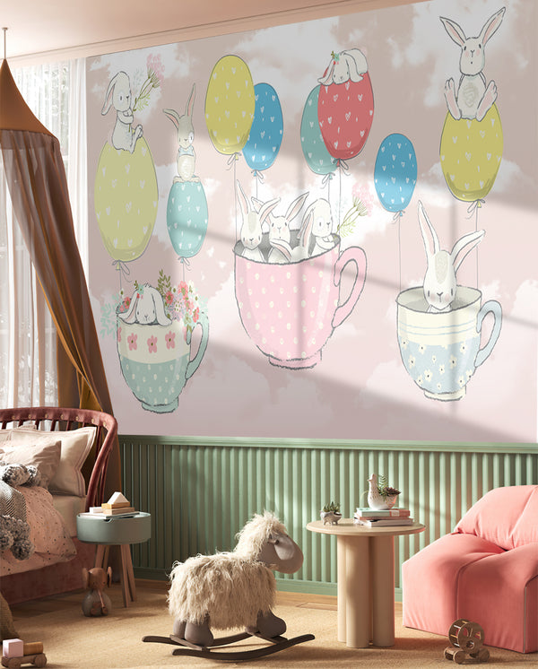 Nursery Wall Mural | Bunny Animals And Balloons Wallpaper for Kids