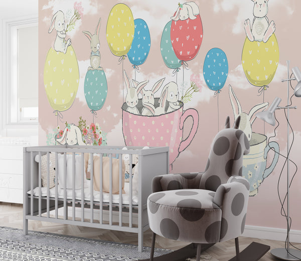 Nursery Wall Mural, Bunny Animals And Balloons Wallpaper for Kids, Non Woven, Cute Animals Nursery Wallpaper