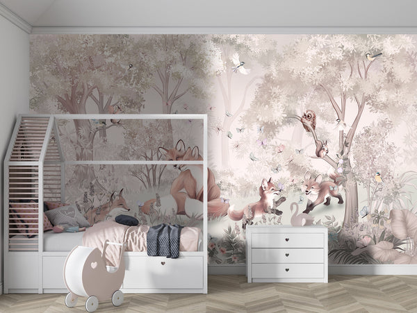 Childrens Wall Mural, Foxes in the Forest Wallpaper for Kids, Non Woven, Pastel Colors Fairy Forest Nursery Wallpaper, Woodland Wallpaper Kids