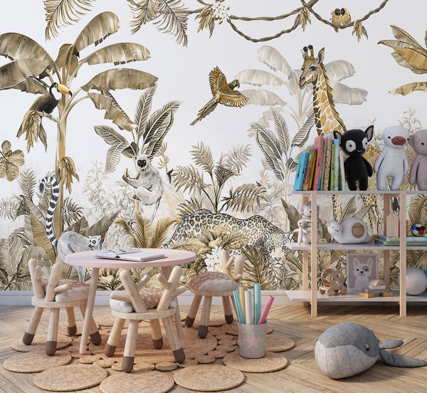 Nursery Room Mural | Tropical Animals in Jungle Wallpaper for Kids