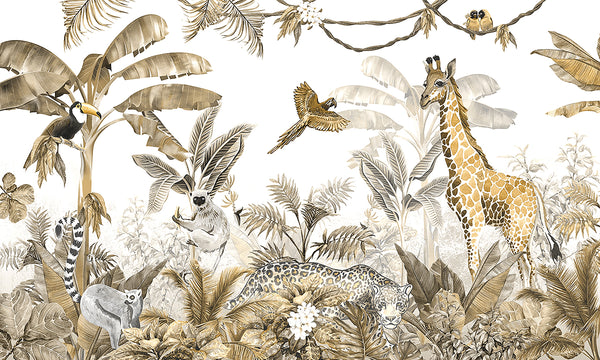 Nursery Room Mural, Tropical Animals in Jungle Wallpaper for Kids, Giraffe in Jungle Nursery Wallpaper, Safari Wild Animals for nursery wallpaper