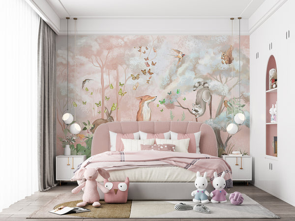 Nursery Wall Mural, Woodland Animals Wallpaper For Kids, Fox and Animals in the Forest Nursery Wallpaper, Non Woven, Fairyforest Kids Mural