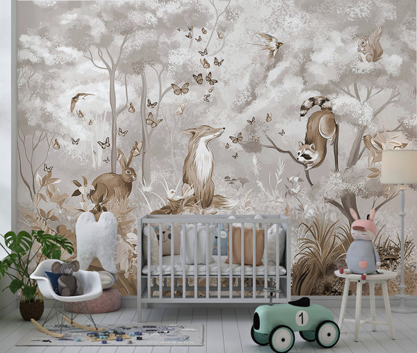 Childrens Wall Mural, Pastel Colors Woodland Animals Wallpaper For Kids, Fox and Animals in the Forest Nursery Wallpaper, Non Woven, Fairyforest Kids Mural