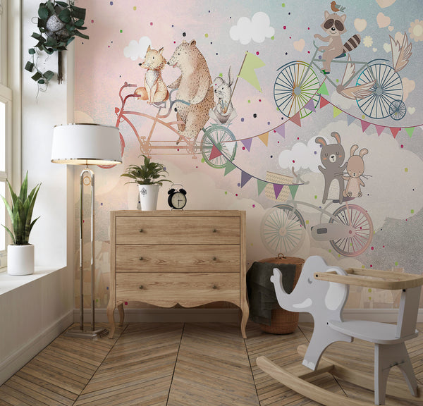 Nursery Room Mural, Woodland Animals Cycling Wallpaper for Kids, Non Woven, Abstract Clouds Nursery Wallpaper, Happy animals For Kids