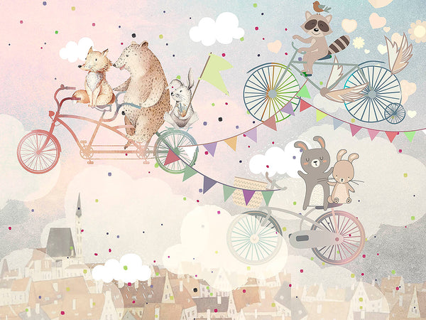 Nursery Room Mural, Woodland Animals Cycling Wallpaper for Kids, Non Woven, Abstract Clouds Nursery Wallpaper, Happy animals For Kids