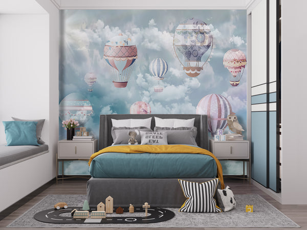 Nursery Wall Mural | Hot Air Balloons in Clouds Wallpaper For Kids