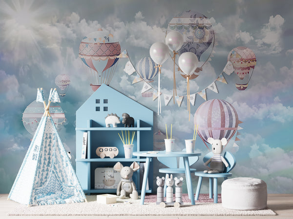 Nursery Wall Mural, Hot Air Balloons in Clouds Wallpaper For Kids, Blue Clouds Wallpaper, Non Woven, Aiship in Sky Nursery Wallpaper