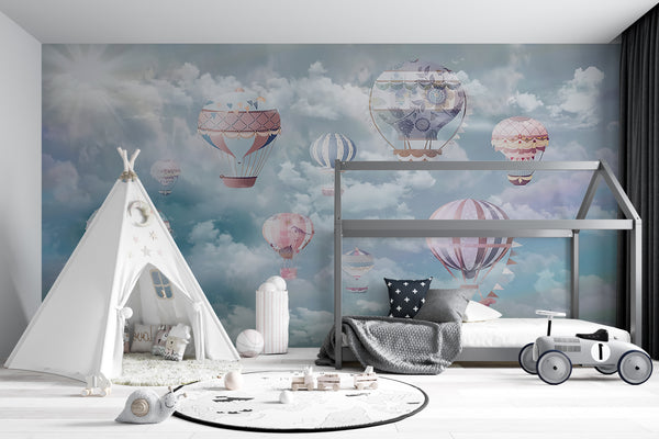 Nursery Wall Mural, Hot Air Balloons in Clouds Wallpaper For Kids, Blue Clouds Wallpaper, Non Woven, Aiship in Sky Nursery Wallpaper