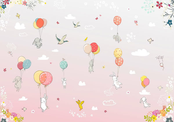 Childrens Wall Mural, Cute Animals and Balloons Wallpaper for Kids, Non Woven, Pink Background Nursery Mural, Birds and Flowers Wallpaper for Girls
