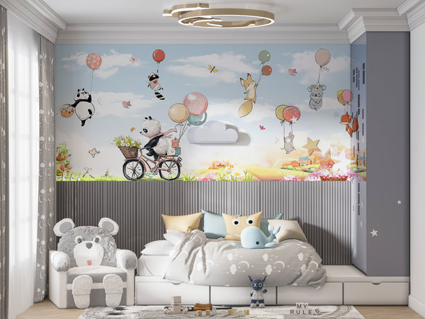 Nursery Room Mural | Panda Animals Cycling Wallpaper For Kids