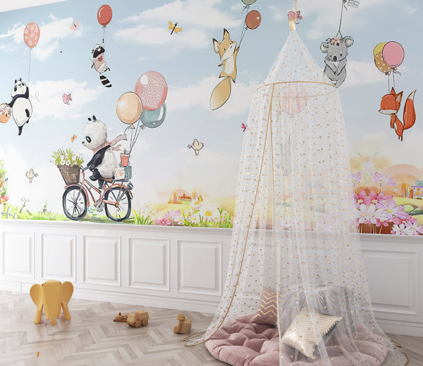 Nursery Room Mural, Panda Animals Cycling Wallpaper For Kids, Non Woven, Animals Flying Nursery Wallpaper, Animals and Balloons Wallpaper for Kids,