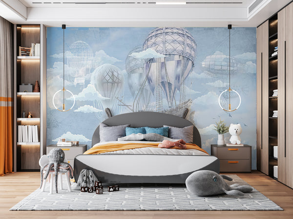 Childrens Wallpaper Murals for Bedroom, Vintage Airship Wallpaper for Boys, Non Woven, Blue Clouds Nursery Wallpaper, Hot Ballons and Sea Ship Nursery Wallpaper