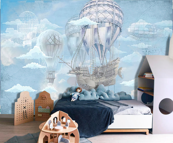 Childrens Wallpaper Murals for Bedroom, Vintage Airship Wallpaper for Boys, Non Woven, Blue Clouds Nursery Wallpaper, Hot Ballons and Sea Ship Nursery Wallpaper