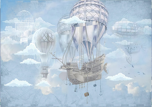 Childrens Wallpaper Murals for Bedroom, Vintage Airship Wallpaper for Boys, Non Woven, Blue Clouds Nursery Wallpaper, Hot Ballons and Sea Ship Nursery Wallpaper