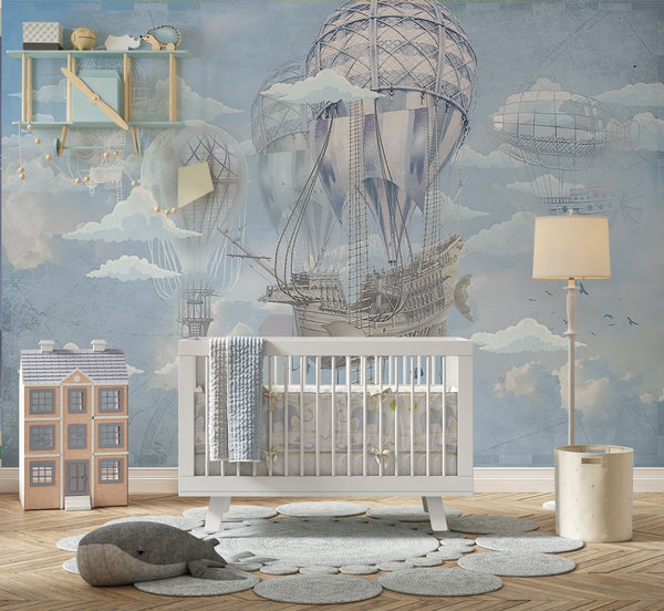 Childrens Wallpaper Murals for Bedroom, Vintage Airship Wallpaper for Boys, Non Woven, Blue Clouds Nursery Wallpaper, Hot Ballons and Sea Ship Nursery Wallpaper