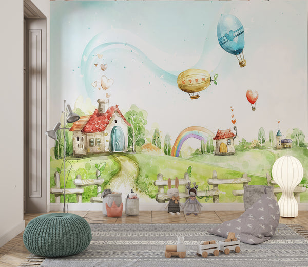 Nursery Wall Mural | Watercolor Cute Houses Wallpaper for Kids