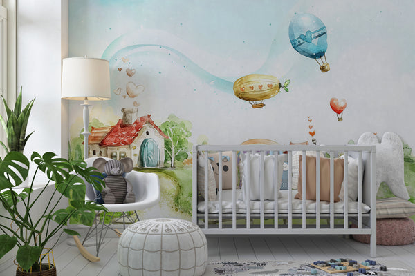 Nursery Wall Mural, Watercolor Cute Houses Wallpaper for Kids, Non Woven, Village Landscape, Hot Air Balloons Nursery Wallpaper