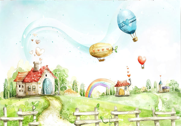 Nursery Wall Mural, Watercolor Cute Houses Wallpaper for Kids, Non Woven, Village Landscape, Hot Air Balloons Nursery Wallpaper