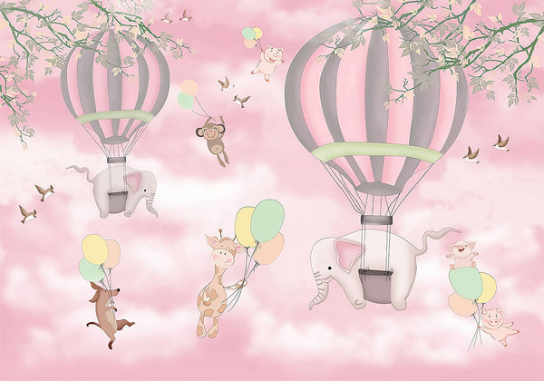 Nursery Room Mural, Hot Air Balloons and Animals Wallpaper For Kids, Non Woven, Pink Background Wallpaper Nursery, Cute Animals and Balloons Wallpaper for Girls