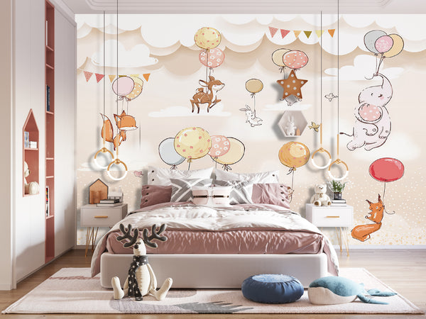 Childrens Wallpaper Murals for Bedroom | Animals and Balloons in Clouds Wallpaper for Kids