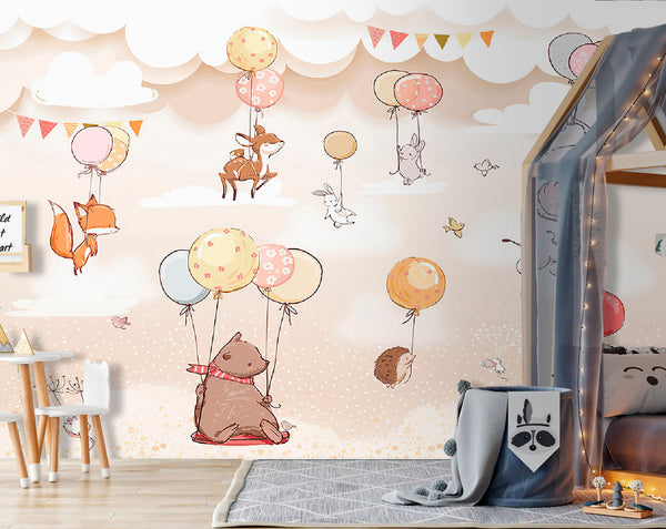 Childrens Wallpaper Murals for Bedroom, Animals and Balloons in Clouds Wallpaper for Kids, Non Woven, Beige Colors Nursery Mural