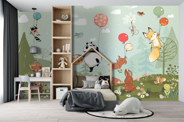 Nursery Wall Mural | Cute Woodland Animals and Balloons Wallpaper for Kids