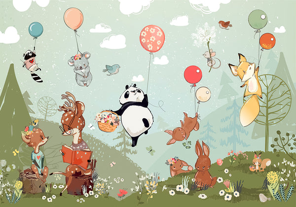 Nursery Wall Mural, Cute Woodland Animals and Balloons Wallpaper for Kids, Non Woven, Forest Wallpaper Nursery Mural