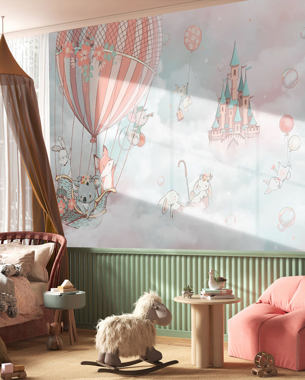 Childrens Wall Mural, Animals in Clouds Wallpaper for Kids, Non Woven, Hot Air Balloons and Animals Nursery Wallpaper, Fairytale Castle Wallpaper for Girls
