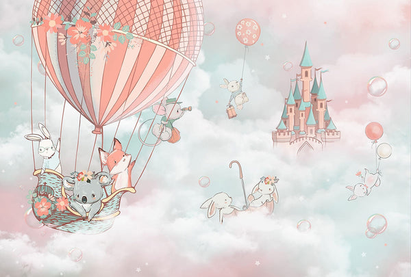 Childrens Wall Mural, Animals in Clouds Wallpaper for Kids, Non Woven, Hot Air Balloons and Animals Nursery Wallpaper, Fairytale Castle Wallpaper for Girls