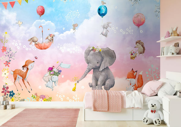 Nursery Wall Mural, Animals in Clouds Wallpaper for Kids, Non Woven, Elephant, Deer, Bunny and Fox Animals Playing Nursery Wallpaper