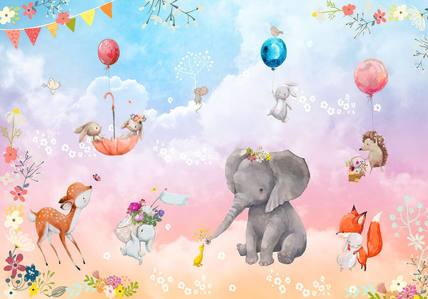 Nursery Wall Mural, Animals in Clouds Wallpaper for Kids, Non Woven, Elephant, Deer, Bunny and Fox Animals Playing Nursery Wallpaper