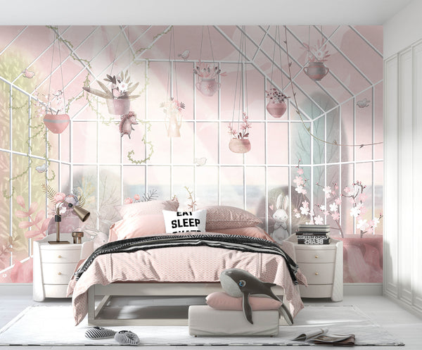 Childrens Wall Mural, Bunny Animals in Garden Wallpaper for Kids, Non Woven, Pink Soft Color Wallpaper Nursery, Cute Animals Wallpaper for Girl