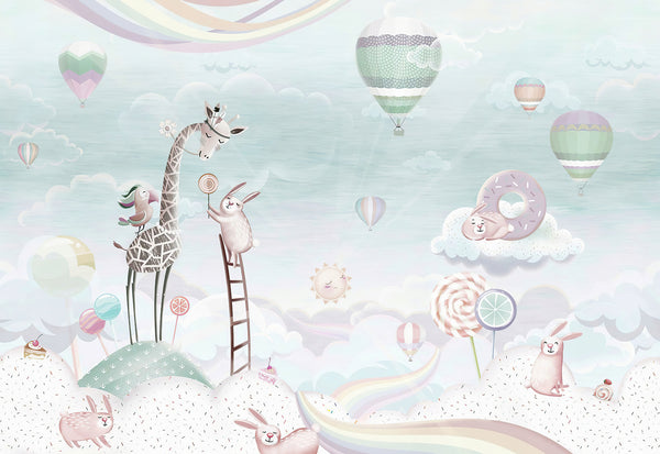 Childrens Wall Mural, Watercolor Animals Wallpaper Nursery, Non Woven, Hot Air Balloons Mural, Giraffe and Rabbits, Wallpaper Kids Room