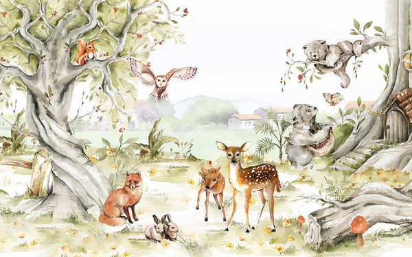 Nursery Wall Mural, Watercolor Woodland Animals Wallpaper Murals for Kids, Non Woven Wallpaper Nursery, Cute Animals Jungle Wall Mural, Forest and Animals