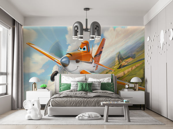 Childrens Wallpaper Murals for Bedroom, Cartoon Plane Wallpaper Mural, Non Woven, Airplane Wallpaper for Boys, Landscape Kids Room Wallpaper