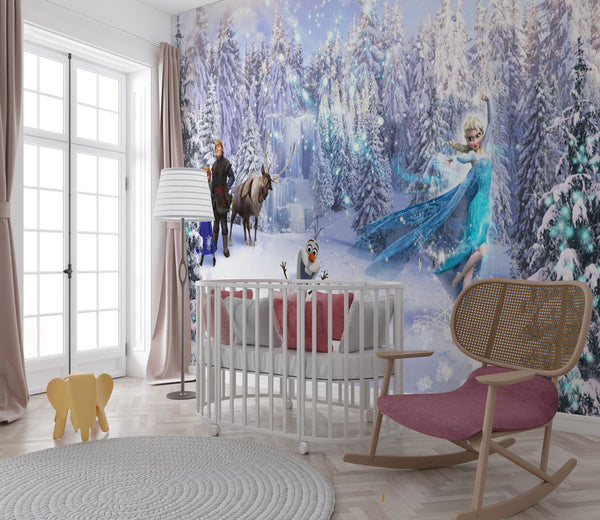 Nursery Wall Mural, Frozen Snow Elsa Wallpaper for Girls, Non Woven, Fairytale Princess Nursery Wallpaper